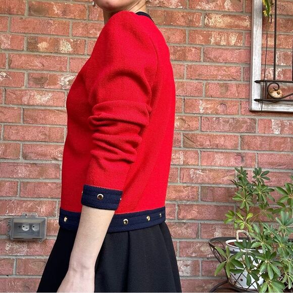 St. John Red Navy Zip Sweater Jacket Sz 2 Santana Knit Studded Preppy Office - Picture 7 of 13